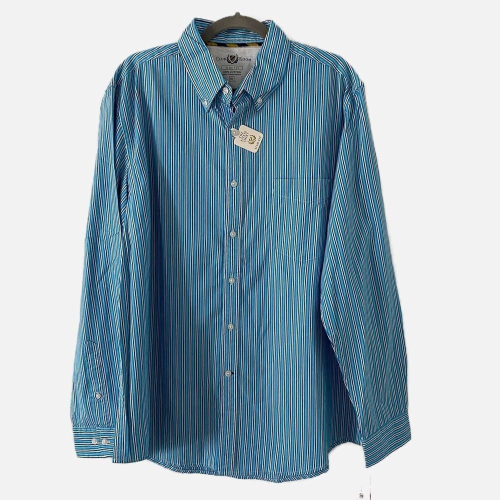 Club Room Mens Button Down Shirt Blue Slim Fit Striped Estate Shirt XL New